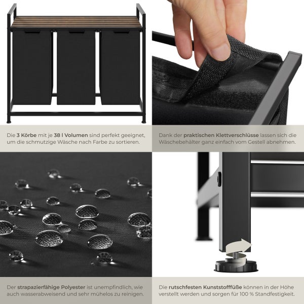 Wäschekorb mit drei Fächern, Holzoberfläche und verstellbaren Füßen