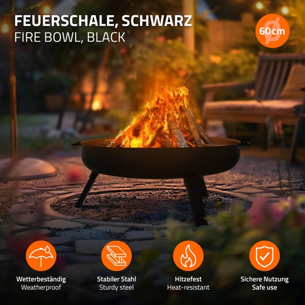 ECD Germany Feuerschale Ø60 x 27 cm mit 3 klappbaren Füßen, Dreibein Feuerstelle für den Garten, Stahl Feuerkorb rund mit 2 Griffen & 2 Entwässerungslöcher, Outdoor Eisenschale Feuertonne BBQ Camping