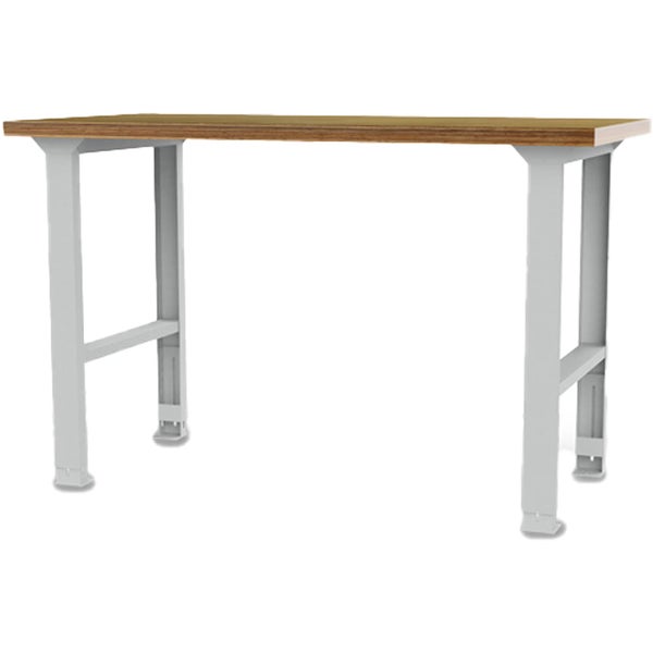 Höhenverstellbare Werkbank mit brauner Arbeitsplatte aus Holz und grauem Metallgestell.