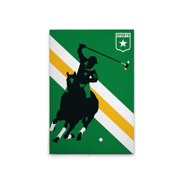 Polo-Spieler auf einem grünen Hintergrund mit weißen und gelben Streifen