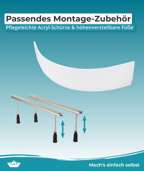 Calmwaters® Eckbadewanne Komplettset 150x150 cm Curved Wellness, Made in EU, 4in1 Acryl-Wanne mit Schürze, Wannenfüßen & Ablaufgarnitur, Duowanne mit integriertem Sitz, Eckwanne 150 x 150, Weiß