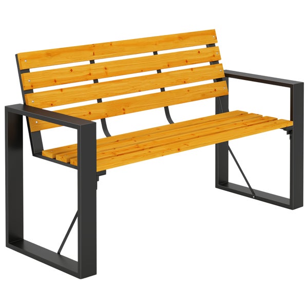 Gartenbank aus Holzlatten und einem Metallgestell in modernem Design.