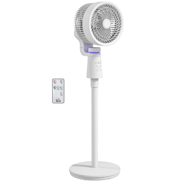 Weißer Standventilator mit Fernbedienung, oszillierendem Kopf und rundem Standfuß.