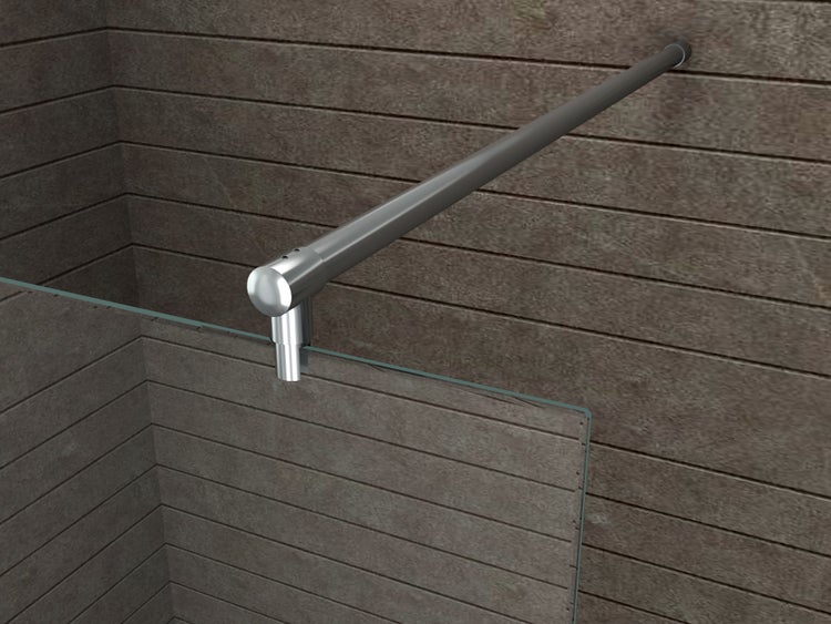 Detailansicht einer Duschkabine mit Haltestange aus Metall