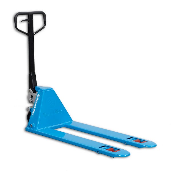 Blauer Gabelhubwagen mit schwarzem Griff