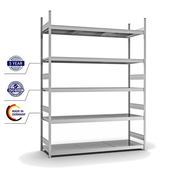 PROREGAL Weitspannregal Stecksystem T-Profil Grundregal HxBxT 300x225x60 cm 5 Ebenen Stahlplatten Fachboden Fachlast 350 kg Verzinkt