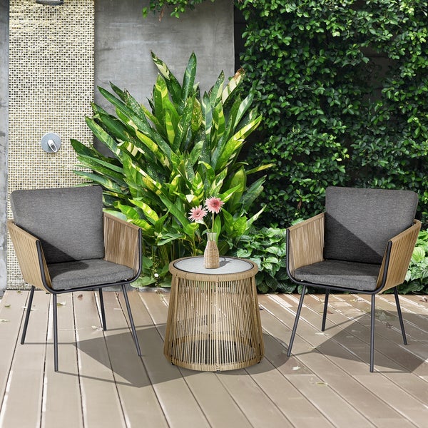 Outsunny 3-tlg. Rattan Gartenmöbel-Set, Sitzgruppe, Gartengarnitur mit 2 Gartenstühle mit Sitz-, Rückenkissen, Beistelltisch mit Hartglasplatte, für Balkon, Stahl, Grau
