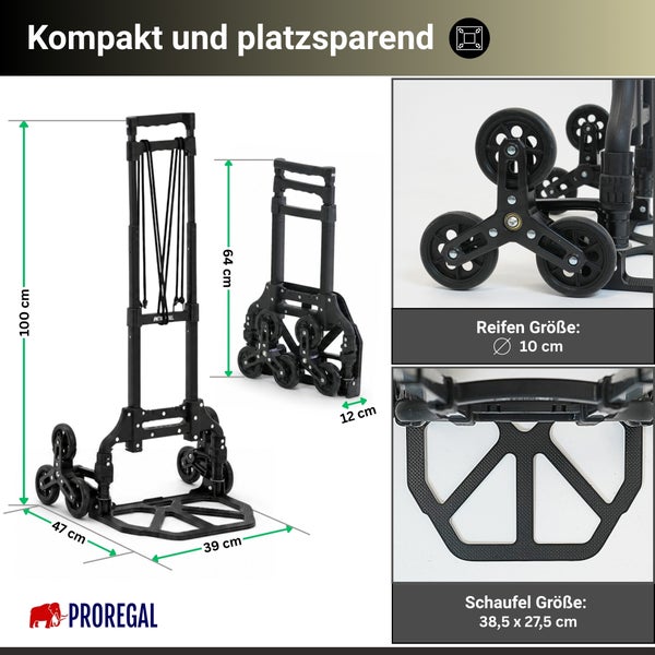 Faltbare Treppensteiger-Sackkarre PROREGAL: Maße offen 100 mal 39 mal 47 Zentimeter, geklappt 64 mal 12 Zentimeter. PROREGAL Logo.