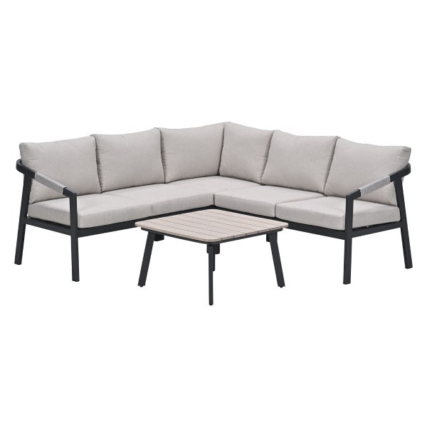 Modernes Garten-Lounge-Set bestehend aus einem Ecksofa mit grauen Polstern und einem quadratischen Tisch mit Holzoptik-Platte.