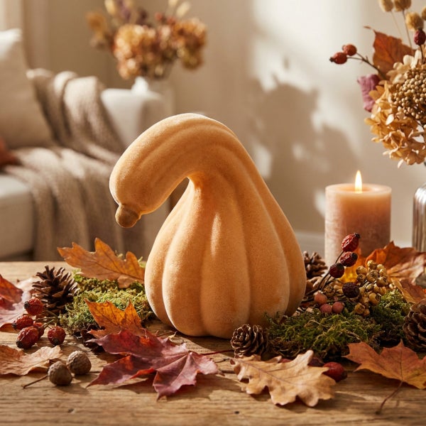 Dekorativer Kürbis aus beflocktem Material als Herbstdekoration auf einem Holztisch mit Herbstlaub, Moos, Zapfen und einer brennenden Kerze.