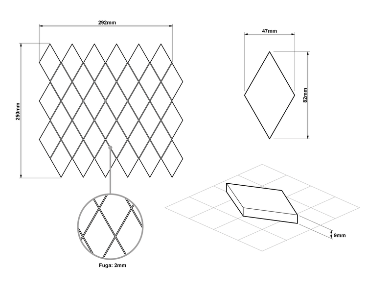 Technische Zeichnung Rauten-Mosaikfliese, Matte 292 mal 250 Millimeter, Einzelmosaik 47 mal 82 Millimeter, Stärke 9 Millimeter, Fuge 2 Millimeter.