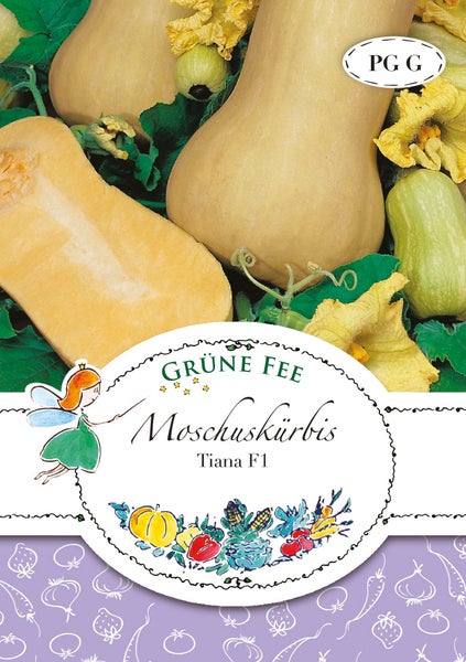 Samenpackung für Moschuskürbis Tiana F1 von Grüne Fee, Abbildung reifer Butternut-Kürbisse mit gelben Blüten und grünen Blättern.