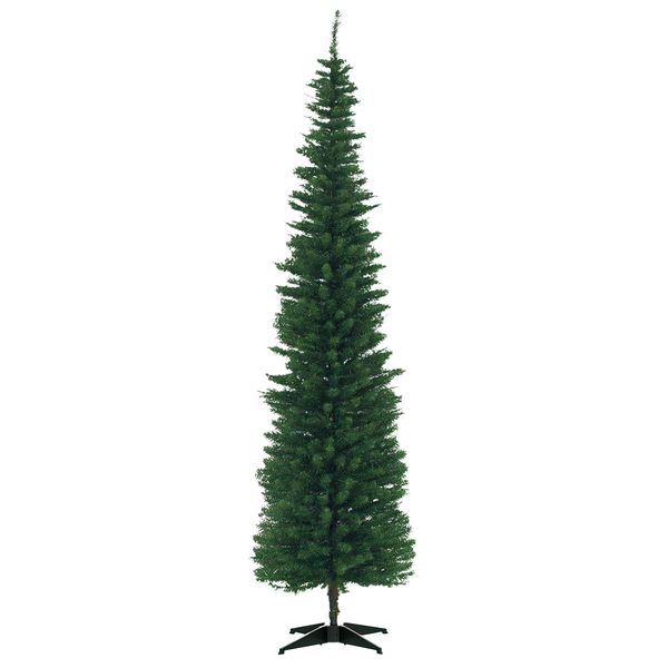 Schmaler künstlicher Weihnachtsbaum in Grün mit schwarzem Metallständer.