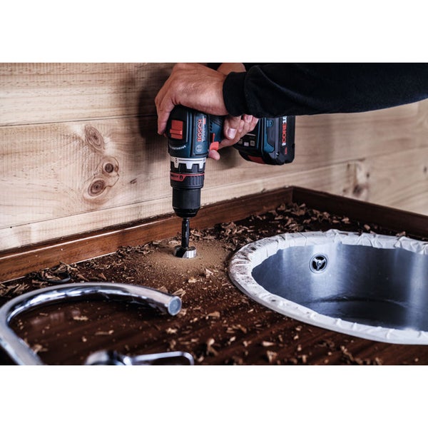 Forstnerbohrer mit 34 Millimeter Durchmesser und 10 Millimeter Schaft sowie Maßangaben