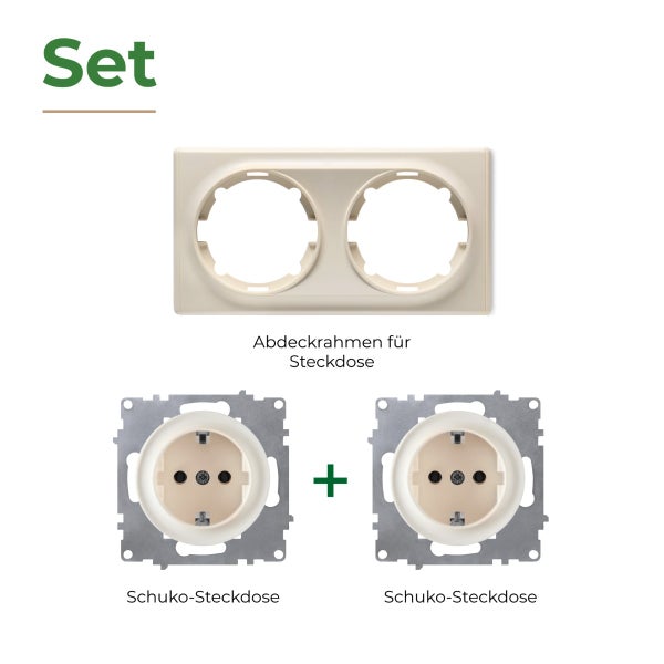 Set bestehend aus einem zweifachen Abdeckrahmen und zwei Schuko Steckdosen für die Unterputzmontage