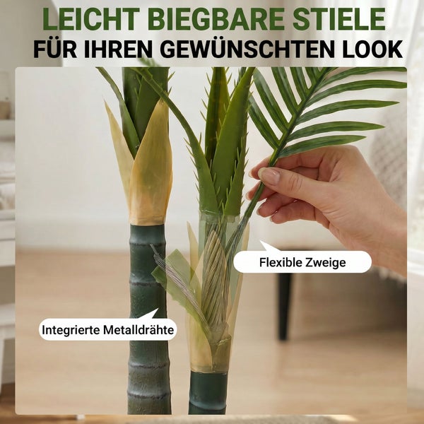 Künstliche Pflanze mit biegbaren Stielen und integrierten Metalldrähten zur individuellen Gestaltung der Zweige.