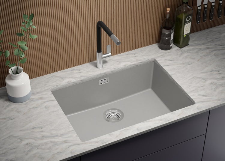 PRIMAGRAN Unterbauspüle Granit Grau 66x47cm, Spülbecken 1 Becken + Ablauf-Set, Granitspüle ab 70er Unterschrank - London