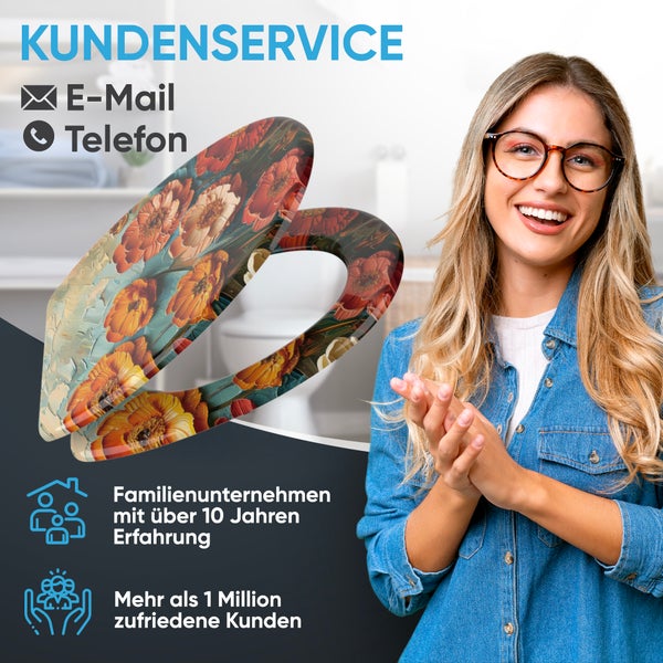 Kundenserviceinformationen mit E-Mail, Telefon, Familienunternehmen mit mehr als 10 Jahren Erfahrung und mehr als 1 Million zufriedener Kunden, daneben ein Toilettensitz mit Blumenmuster und eine lächelnde Frau