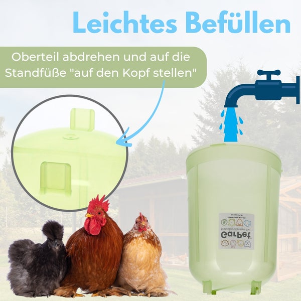 Illustration einer Geflügeltränke mit der Aufschrift "Leichtes Befüllen"