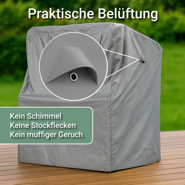 Schutzhülle für Gartenmöbel mit Detailansicht einer Belüftungsöffnung zur Vermeidung von Schimmel und Gerüchen.