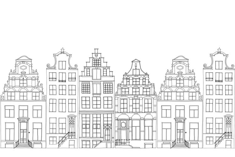 ESTAhome Fototapete gezeichnete Amsterdamer Grachtenhäuser Schwarz und Weiß - 450 x 279 cm - 159104