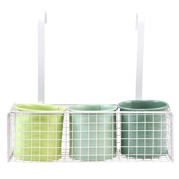 Besteckhalter mit drei grünen Behältern und weißem Metallgestell zum Einhängen