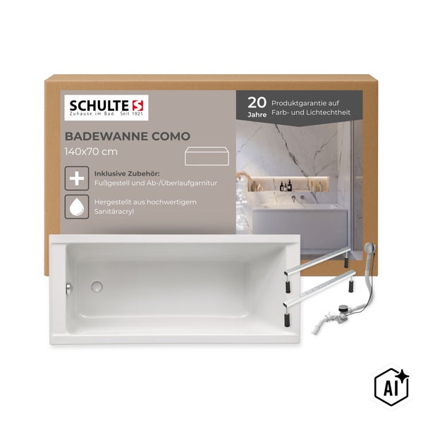 Schulte Badewanne Como 140x70 cm aus Sanitäracryl inklusive Fußgestell und Ab- und Überlaufgarnitur in Verpackung.