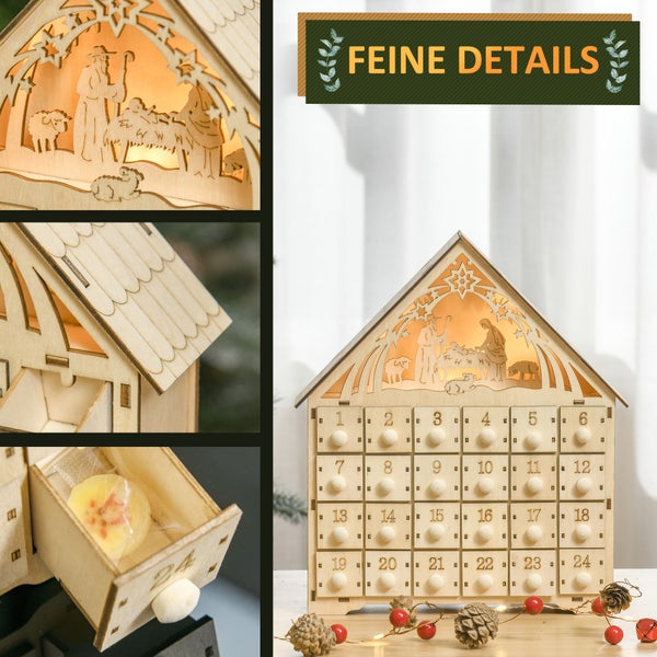Adventskalender aus Holz in Hausform mit 24 nummerierten Schubladen, beleuchteter Krippenszene oben und Detailansichten der Verarbeitung.