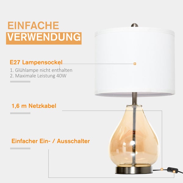 HOMCOM 2-Set Tischlampen Tischleuchten E27-Fassung Nachttischlampe 40 W Glas Leinen Stahl Bernstein Ø30 x 56H cm