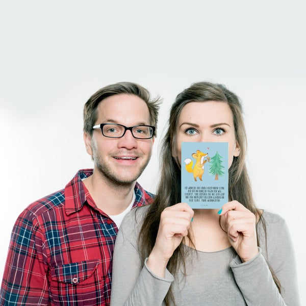 Mr. & Mrs. Panda Postkarte Fuchs  Weihnachtsbaum - Eisblau
