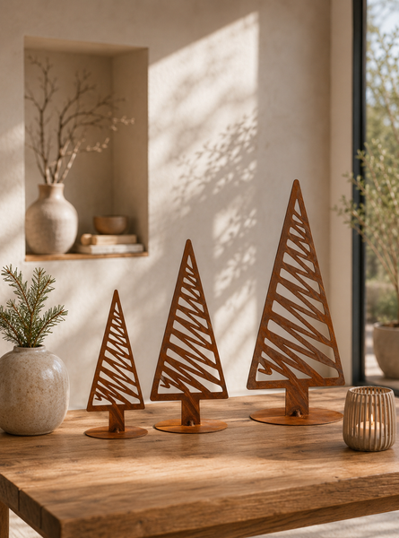 Dreierset stilisierte Weihnachtsbäume aus Metall in Rostoptik in verschiedenen Größen auf einem Holztisch.