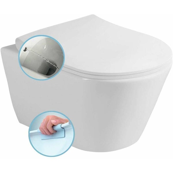 Wand-WC spülrandlos aus weißer Keramik mit Detailansicht der Spülung und Illustration zur einfachen Reinigung.