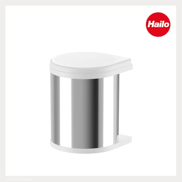 Hailo Einbau-Abfallsammler aus Edelstahl mit weißem Deckel und Boden. Hailo Logo.