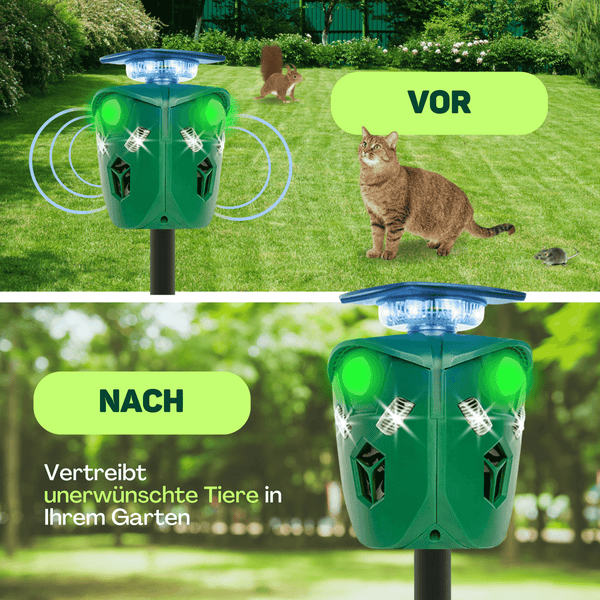 Vulpes Goods Katzenschreck - Ultraschall Tierenvertreiber - Tierschreck - Katzenabwehr - Marderabwehr - Abwehrmittel für Katzen, Vögel, Mäuse, Marder - Wasserdicht - 360° - Solar
