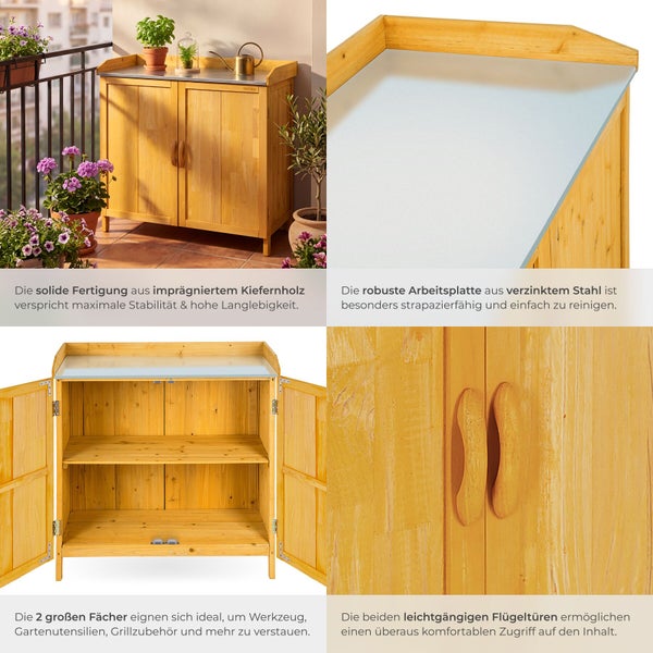 Gartenschrank aus imprägniertem Kiefernholz mit zwei Türen, zwei Ablagefächern und einer Arbeitsplatte aus verzinktem Stahl.