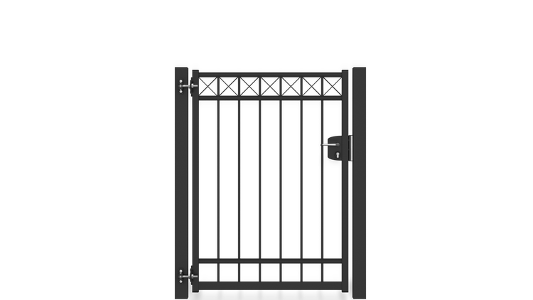 Gartentor ZAUNGURU BASIC-Linie Oldenburg Kreuz aus Metall, Höhe: 143cm, Breite: 123cm, 1-flügelig inkl. Pfosten, Schloss und Zubehör, Feuerverzinkt und in RAL 7016 Anthrazitgrau pulverbeschichtet