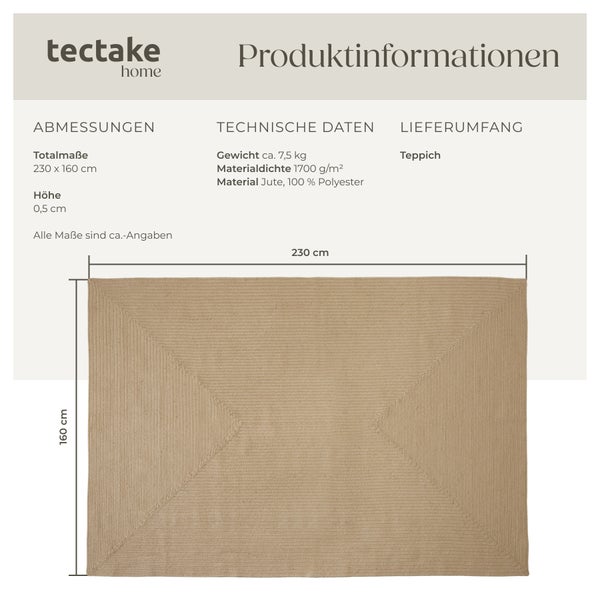 Geflochtener Teppich tectake strapazierfähig und pflegeleicht verschiedene Größen 160 x 230 cm