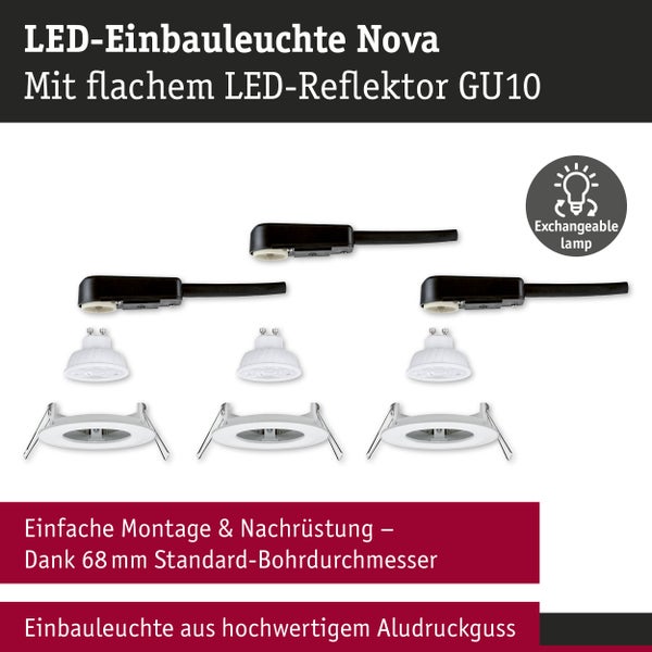 Dreier-Set LED-Einbauleuchten Nova aus Aludruckguss, flacher GU10-Reflektor, austauschbares Leuchtmittel, 68 Millimeter Bohrdurchmesser.