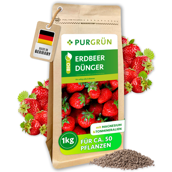 Purgrün Bio Erdbeerdünger, 1 Kilogramm, Granulat für circa 50 Pflanzen, mit Magnesium und Tonmineralien, Made in Germany.