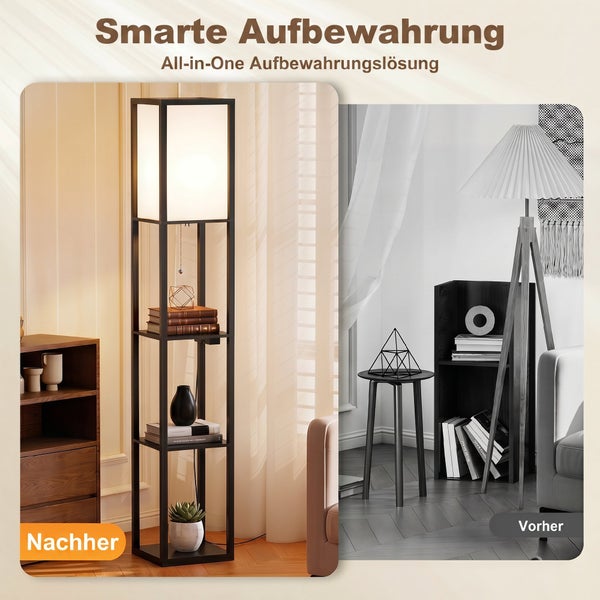 Vorher-Nachher-Vergleich: Schwarze Stehleuchte mit drei Regalböden als platzsparende Aufbewahrungslösung im Vergleich zu mehreren Einzelmöbeln.