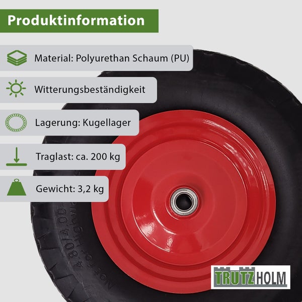Trutzholm Schubkarrenrad aus Polyurethanschaum mit Kugellager und zweihundert Kilogramm Traglast.