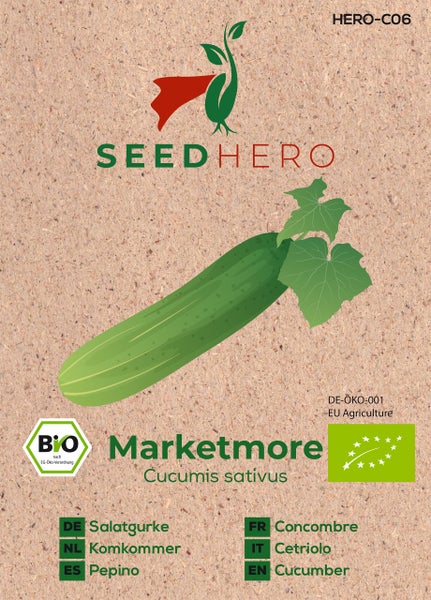 Biologische Samen für Salatgurke Marketmore von SEEDHERO mit biologischen Siegeln der Europäischen Union und der Europäischen Gemeinschaft.