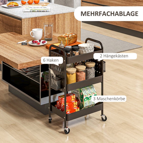 HOMCOM Rollwagen, Servierwagen mit 3 Etagen, 2 Hängekörbe, Aufbewahrungswagen mit Griff, Küchenwagen, Beistellwagen für Küche, Wohnzimmer, Stahl, Schwarz
