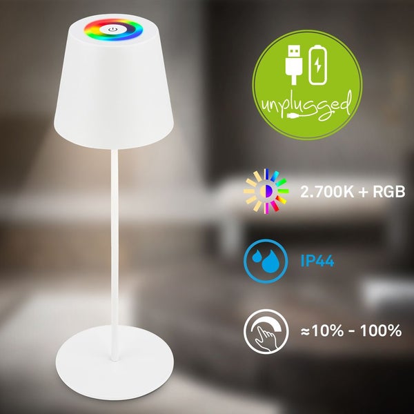Briloner Calida 3 in 1 RGBW LED Tischlampe kabellos IP44, Dimmbar, Touch, Höhenverstellbar, Spritzwasserschutz, Weiß, 36 x Ø10,5 cm