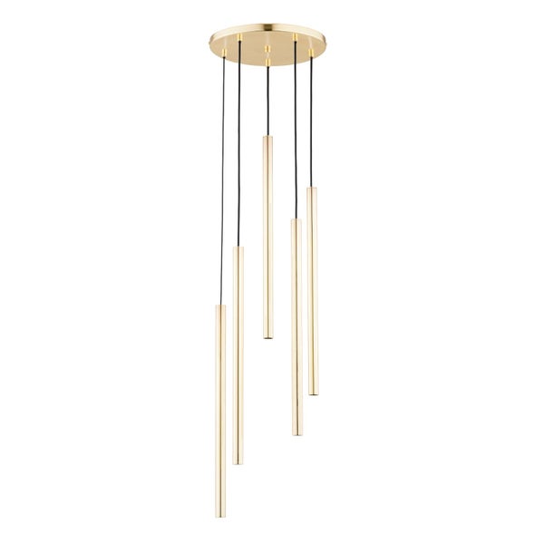 Moderne Pendelleuchte mit fünf stabförmigen Leuchtelementen in Metalloptik, hängend an einer runden Deckenhalterung.