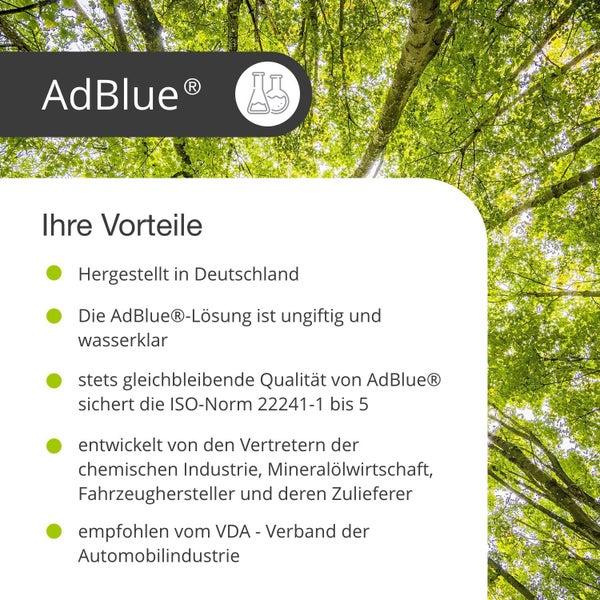 AdBlue Vorteile: Hergestellt in Deutschland, ungiftig, wasserklar, ISO-Norm 22241-1 bis 5, entwickelt von Vertretern der chemischen Industrie, empfohlen vom VDA