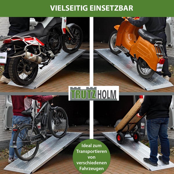 Vier Anwendungsbeispiele der Trutzholm Aluminium-Auffahrrampe beim Verladen eines Motorrads, Rollers, E-Bikes und einer Sackkarre in ein Fahrzeug.