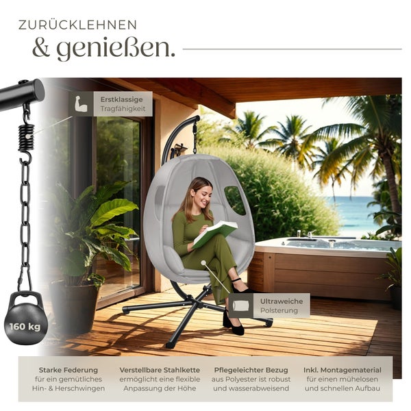 Hängesessel tectake Anika inklusive Schutzhülle, 100 x 97 x 201 cm mit extra dickem Sitzkissen, 360° drehbar hellgrau