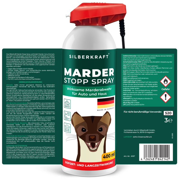Silberkraft Marder Stopp Spray 400ml, Effektiver Sofort- & Langzeitschutz gegen Marder im Auto, Dachboden & Haus, Verhindert Marderbisse an Kabeln & Schläuchen , Überdeckt Duftmarken für nachhaltige Abwehr