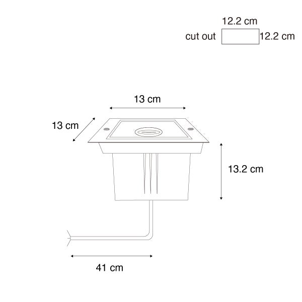 Maßzeichnung quadratischer Bodeneinbaustrahler: 13 mal 13 Zentimeter, Ausschnitt 12,2 Zentimeter, Tiefe 13,2 Zentimeter, Kabel 41 Zentimeter.